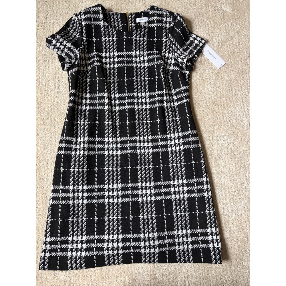 Calvin Klein NWT Dress 12 Black White Plaid Gold Zip Academia Office Siren